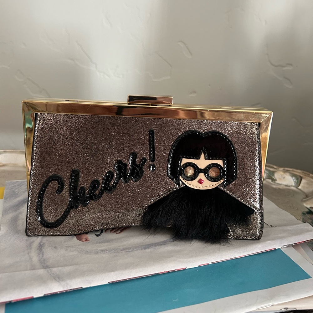 NWT Trina Turk Cheers Gold Frame Clutch + Gold Chain Iconic Trina w/ Fur Dress